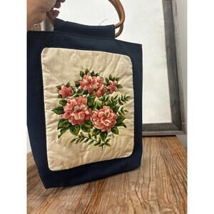 Vintage Floral Canvas Tote Bag Wooden Handles Cottagecore Folk Art